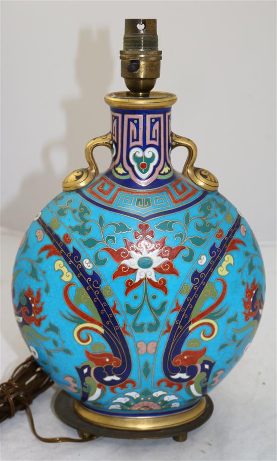 Christopher Dresser for Minton, c.1870. A cloisonne style moon flask, 26.5cm, later mounted as a lamp